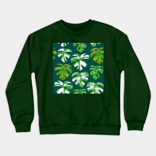 Variegated Monstera Pattern in Gouache-Teal Crewneck Sweatshirt